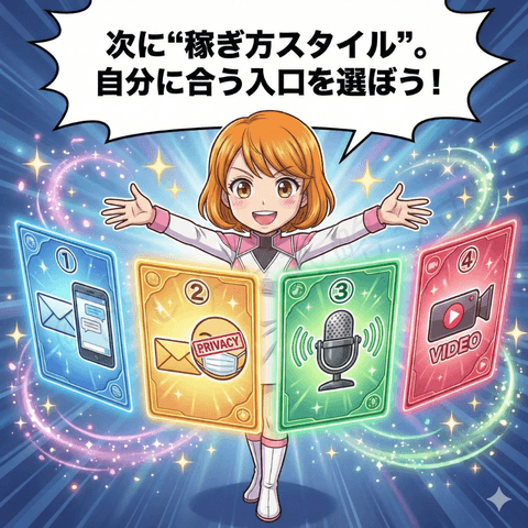 ナビ役の女性が、チャットレディ初心者ユキ向けに『次は稼ぎ方スタイル。自分に合う入口を選ぼう！』と、①メール②マスク（顔隠し）③音声④ビデオの4つの稼ぎ方スタイルをカードで紹介する漫画イラスト