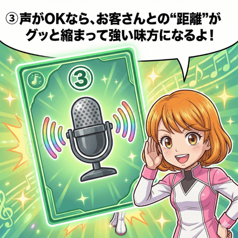 ナビ役の女性が、チャットレディ初心者ユキ向けに稼ぎ方スタイル③『音声』を紹介する漫画イラスト。声がOKならお客さんとの距離がぐっと縮まり、強い味方になると説明している