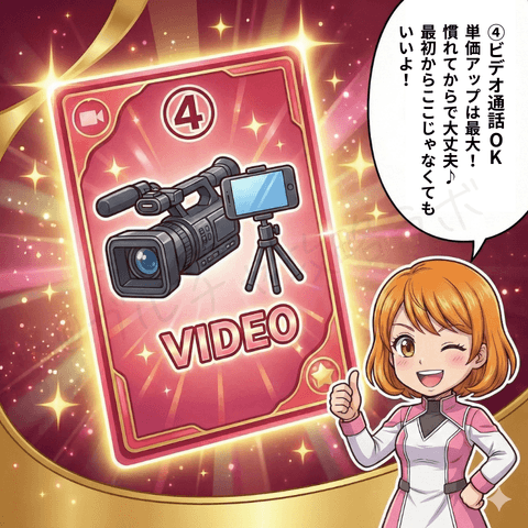 ナビ役の女性が、チャットレディ初心者ユキ向けに稼ぎ方スタイル④『ビデオ通話（VIDEO）』を紹介する漫画イラスト。単価アップは最大で、慣れてからでも最初からでもOKと説明している