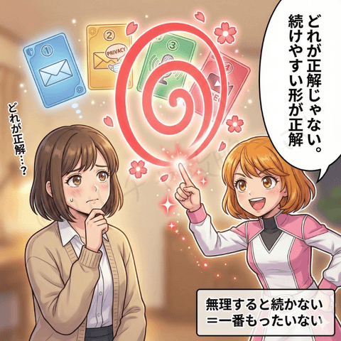 チャットレディ初心者のユキが稼ぎ方スタイル①〜④のどれが正解か迷う中、ナビ役の女性が『どれが正解じゃない。続けやすい形が正解』と説明し、無理すると続かないと助言する漫画イラスト