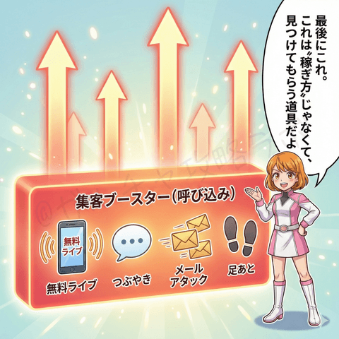 ナビ役の女性が、チャットレディ初心者ユキ向けに『集客ブースター（呼び込み）』を解説する漫画イラスト。無料ライブ・つぶやき・メールアタック・足あとで見つけてもらい反応を増やす道具だと説明している